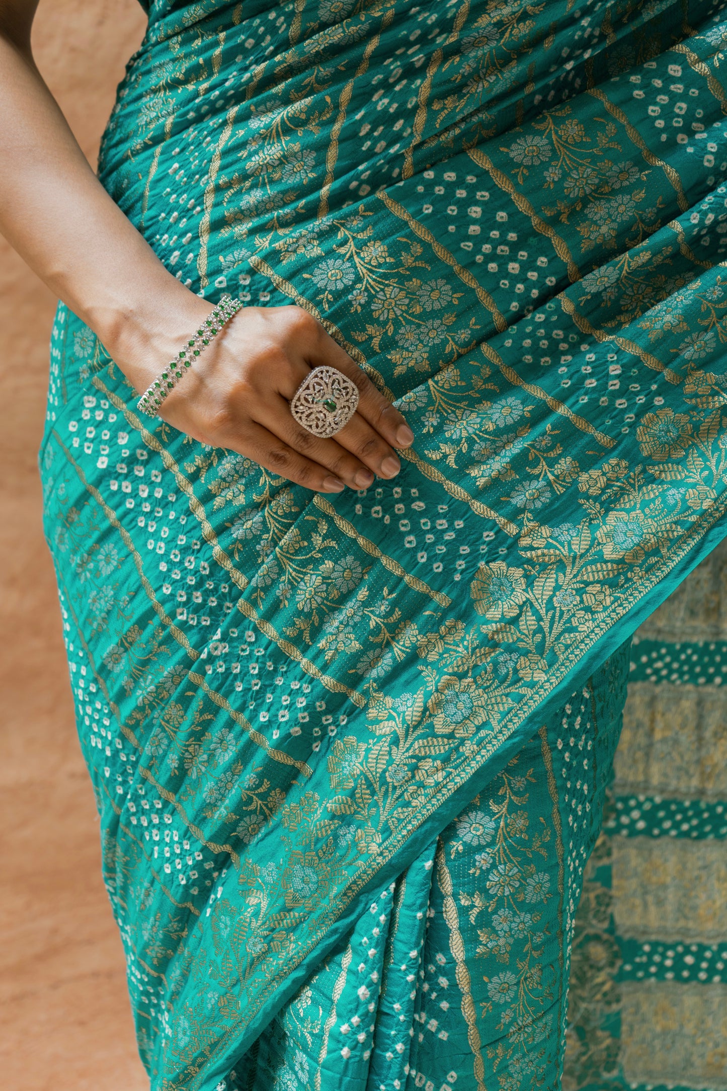 Chiniya Sona Rupa Stripes Bandhej Sea Green Saree