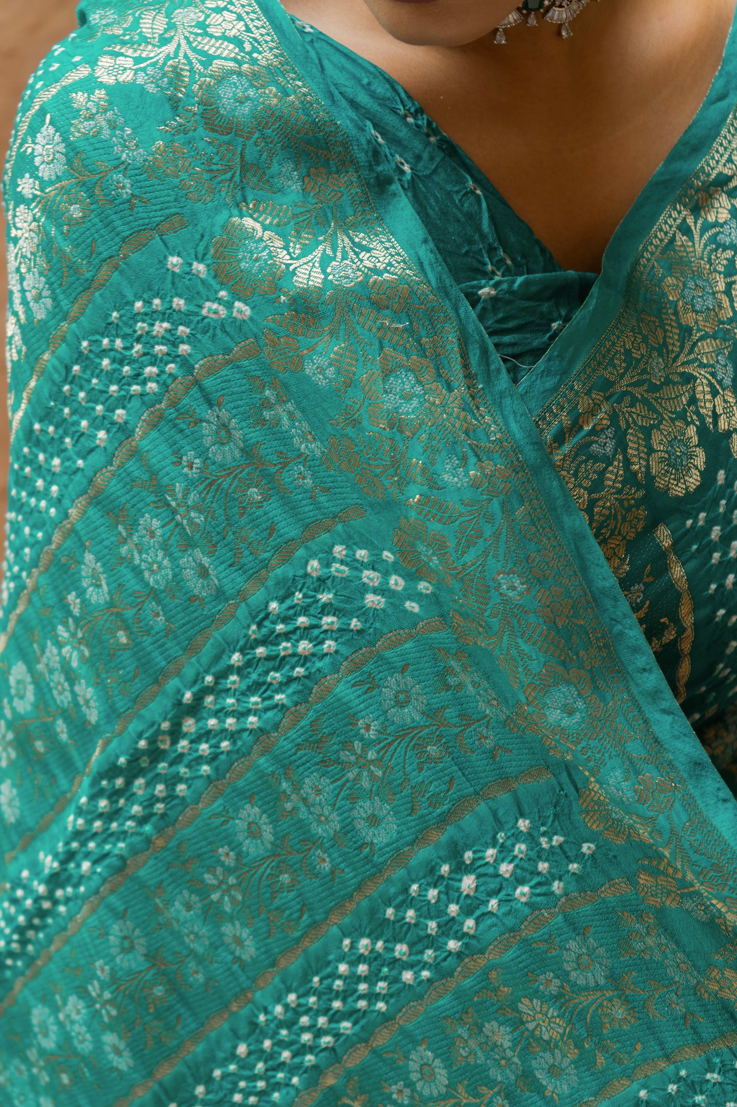 Chiniya Sona Rupa Stripes Bandhej Sea Green Saree