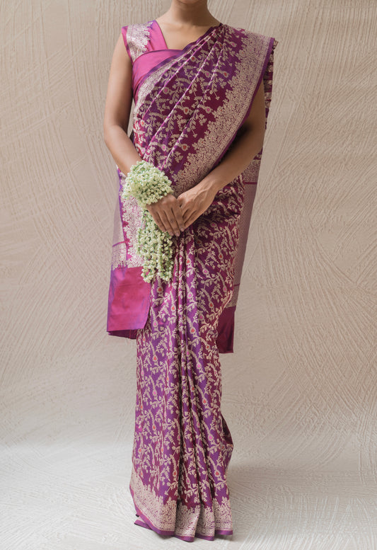 Purple Katan Kadhua Meenakari Jangla Banarasi saree in Dhoop Chaav Purple shade