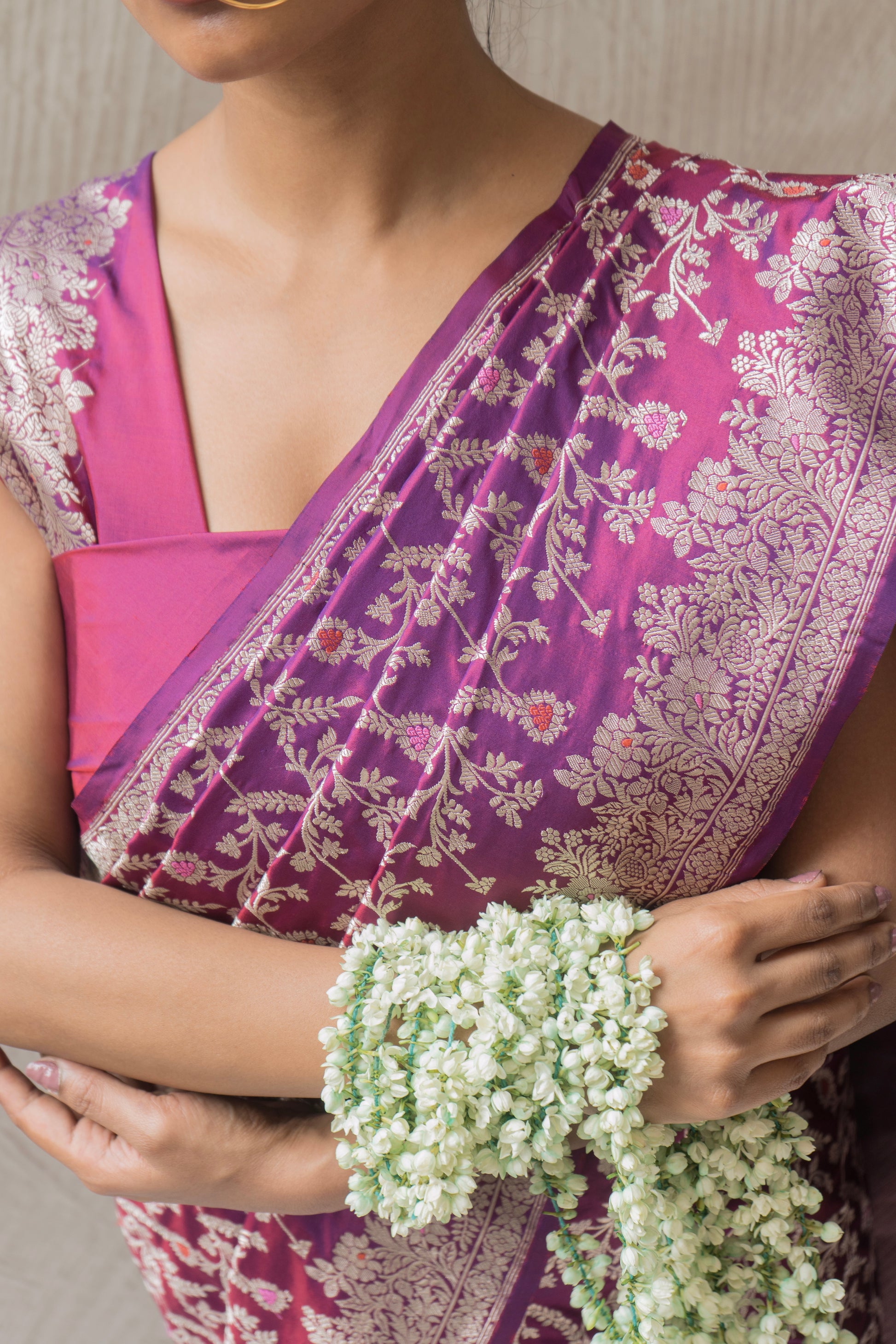 Luxury Banarasi silk saree in purple featuring Katan Meenakari Jangla Kadhua weave