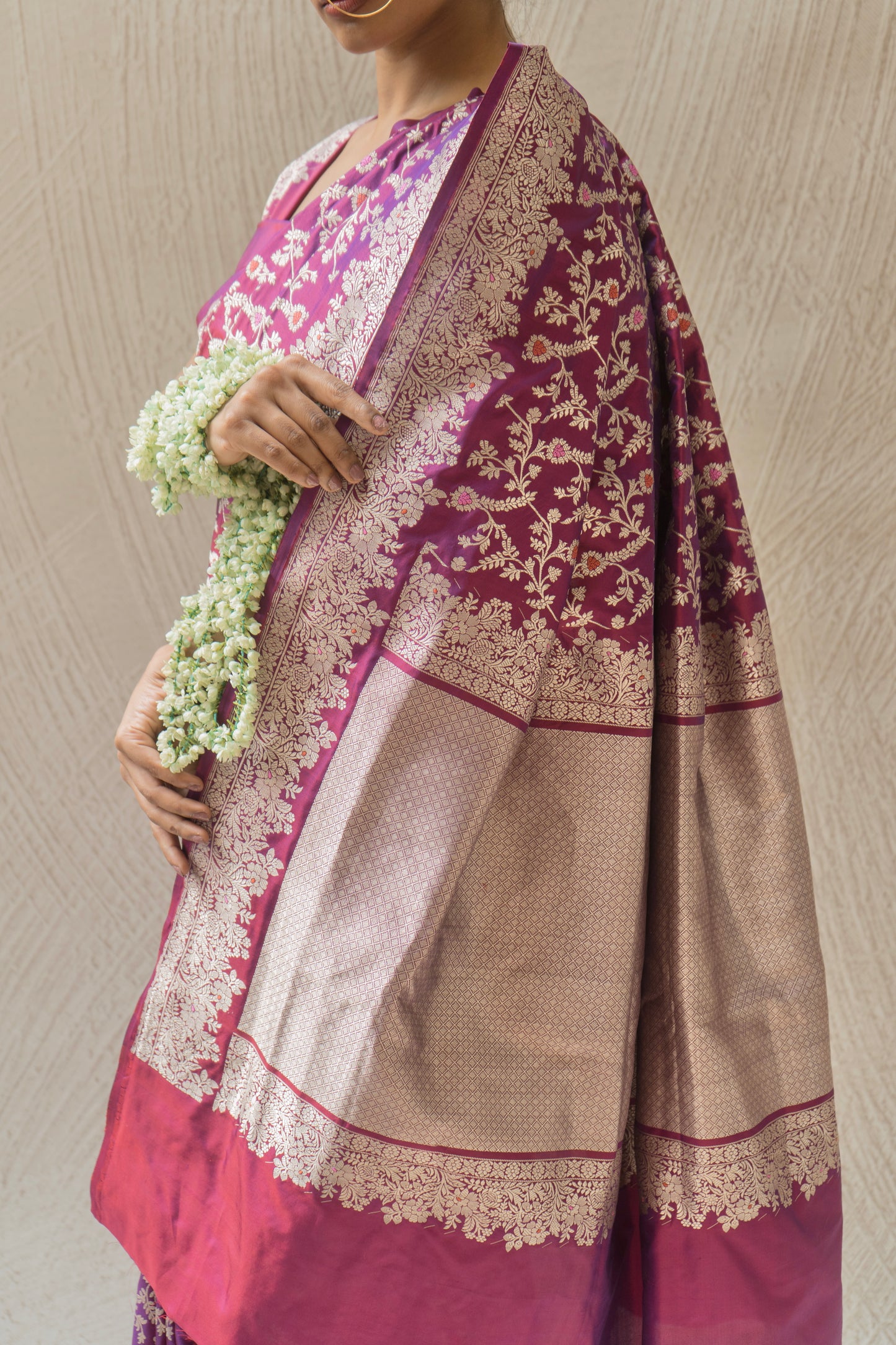 Dhoop Chaav purple Banarasi saree in Katan silk with Jangla Meenakari Kadhua weaving
