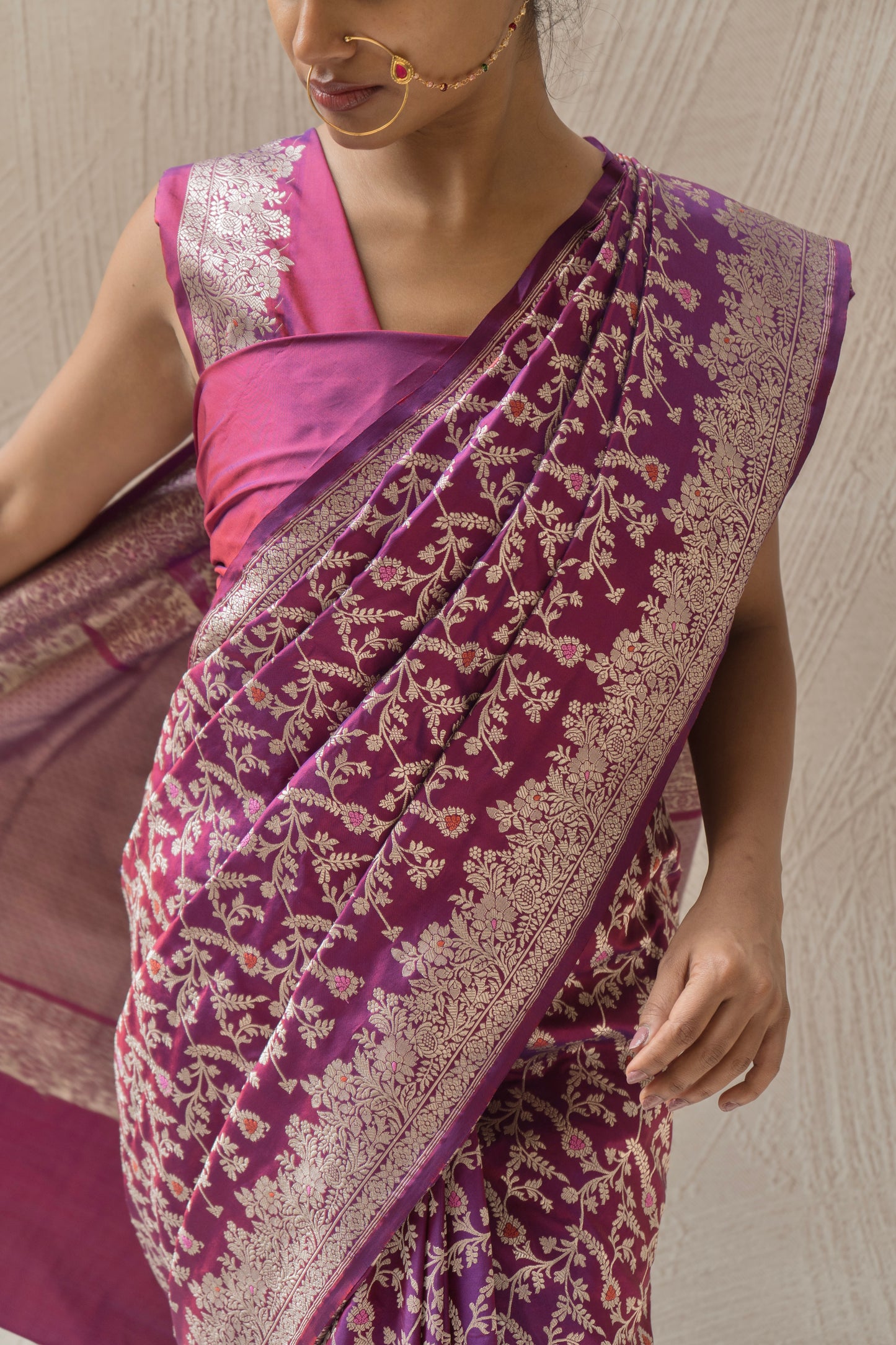 Katan Kadhua Meenakari Jangla Saree – Dhoop Chaav Purple
