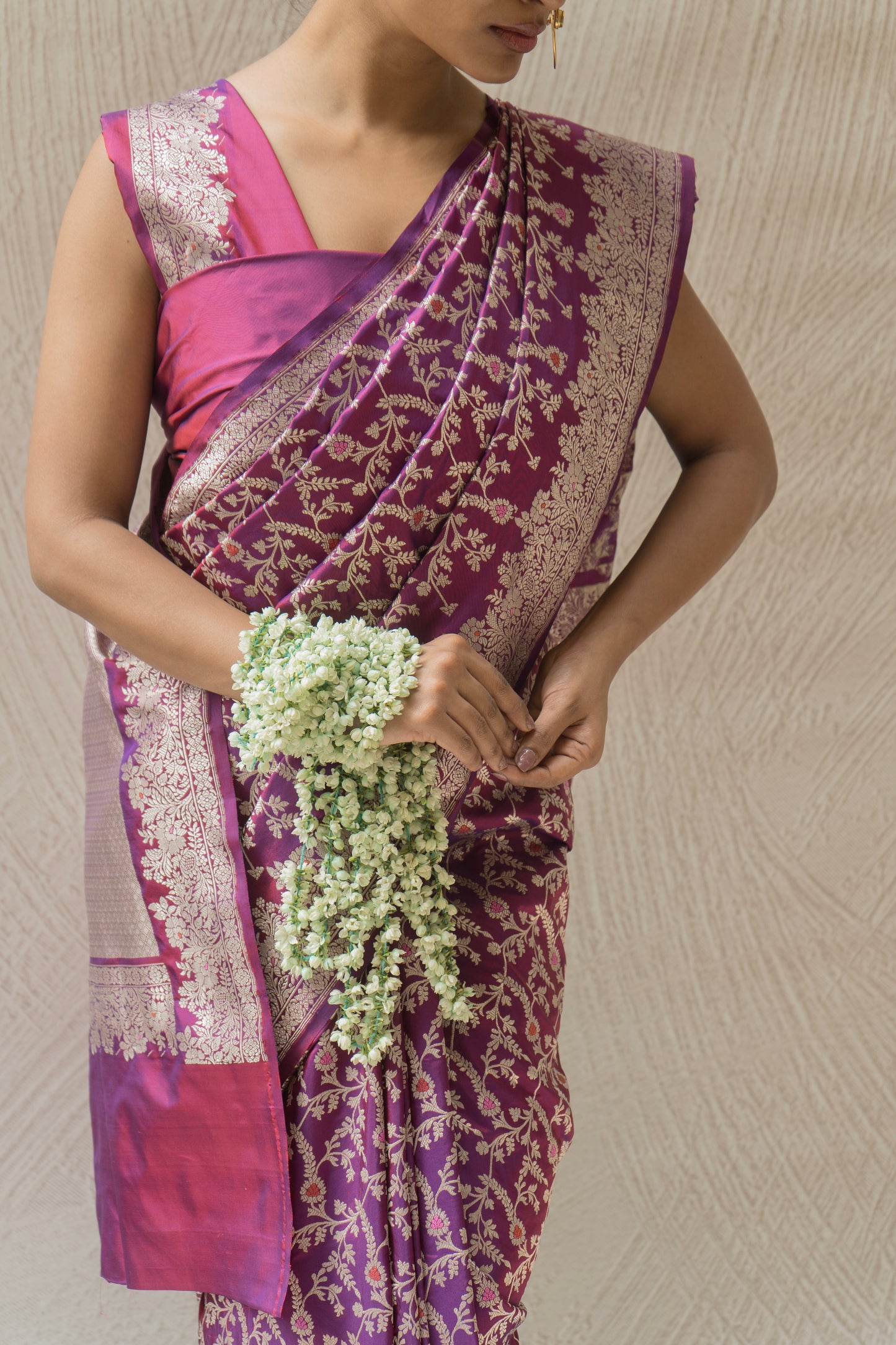 Dhoop Chaav Purple Katan Kadhua Meenakari Jangla Banarasi silk saree with Kadhua weave