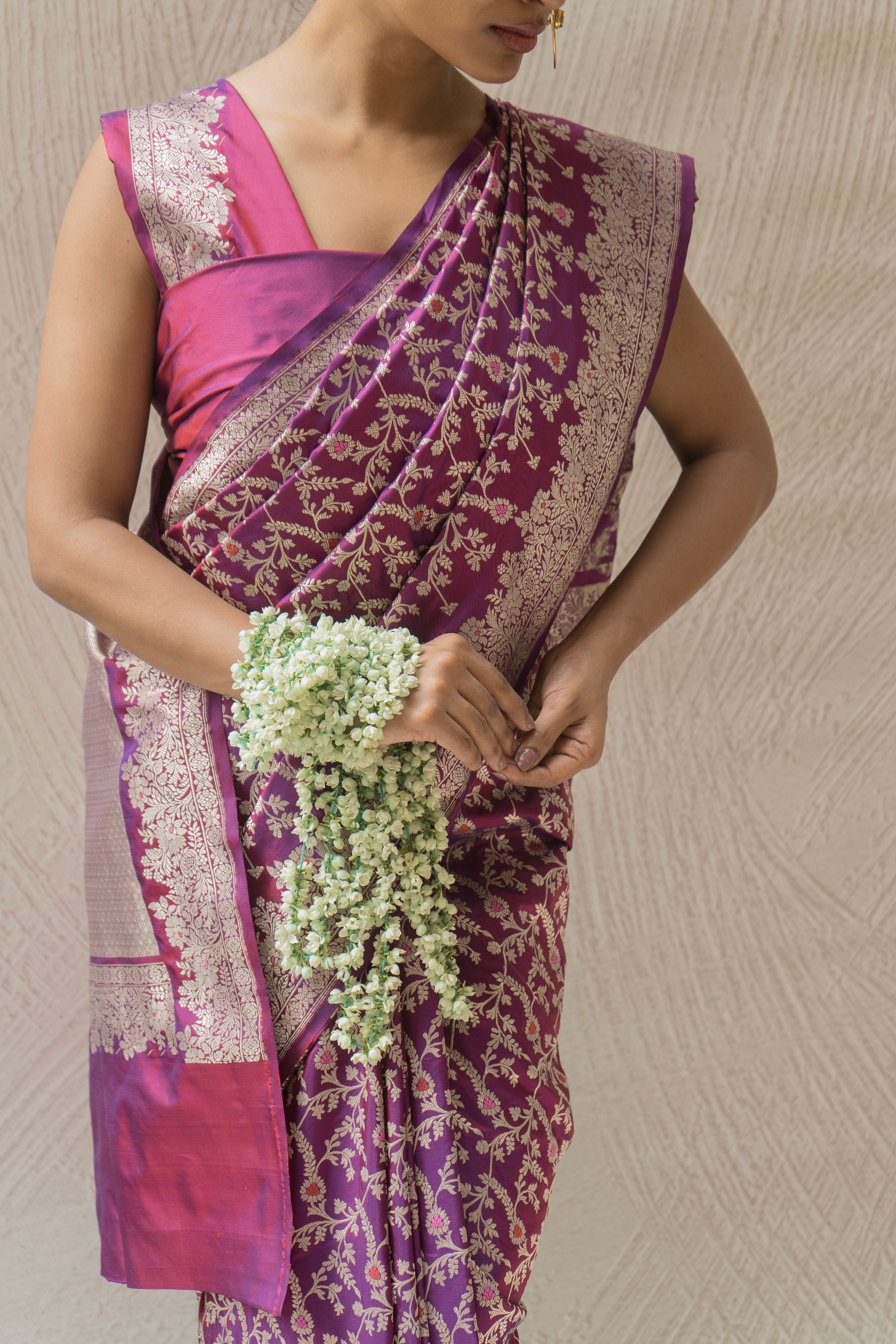Dhoop Chaav Purple Katan Kadhua Meenakari Jangla Banarasi silk saree with Kadhua weave