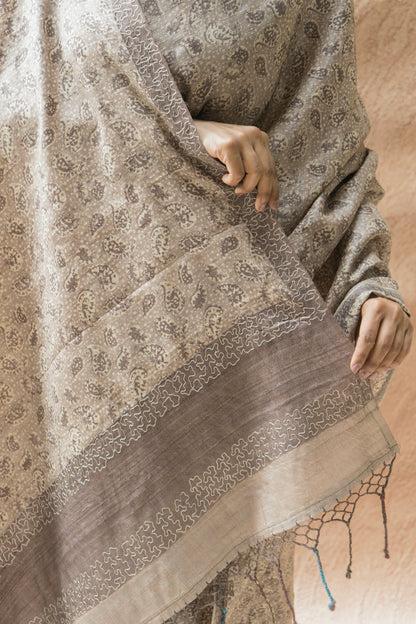 Mauve Kaeri printed Banarasi saree featuring intricate embroidery detailing