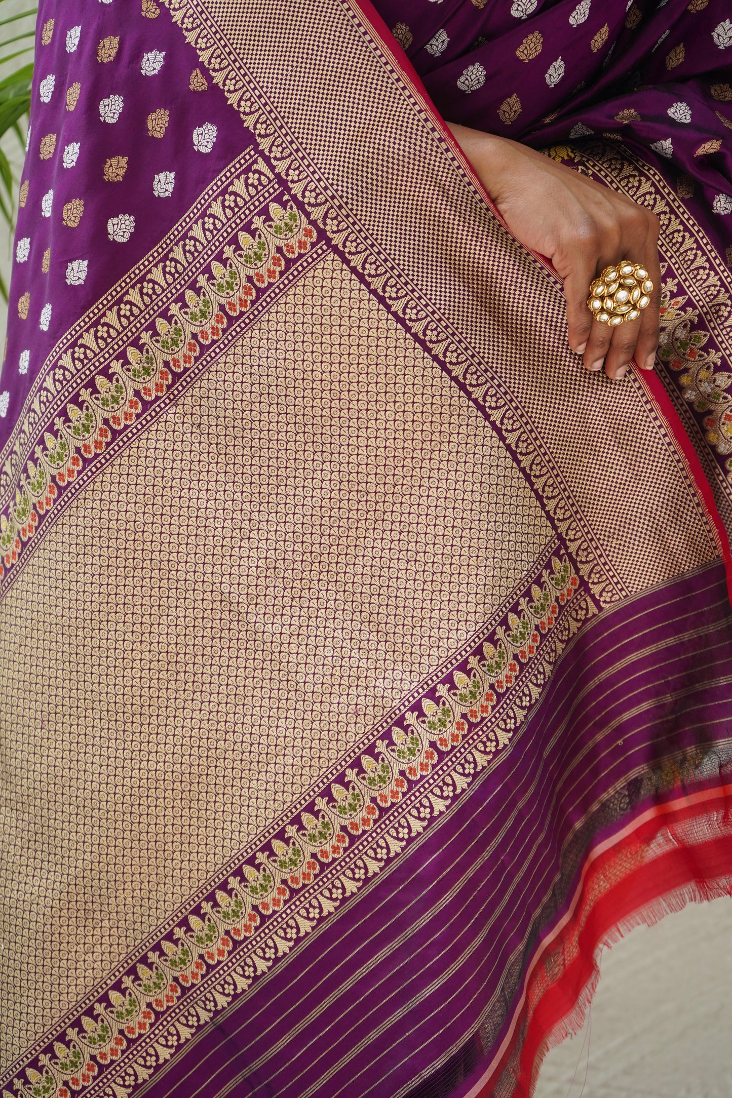 Purple Booti Silver Gold Saree
