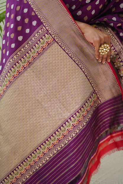 Purple Booti Silver Gold Saree