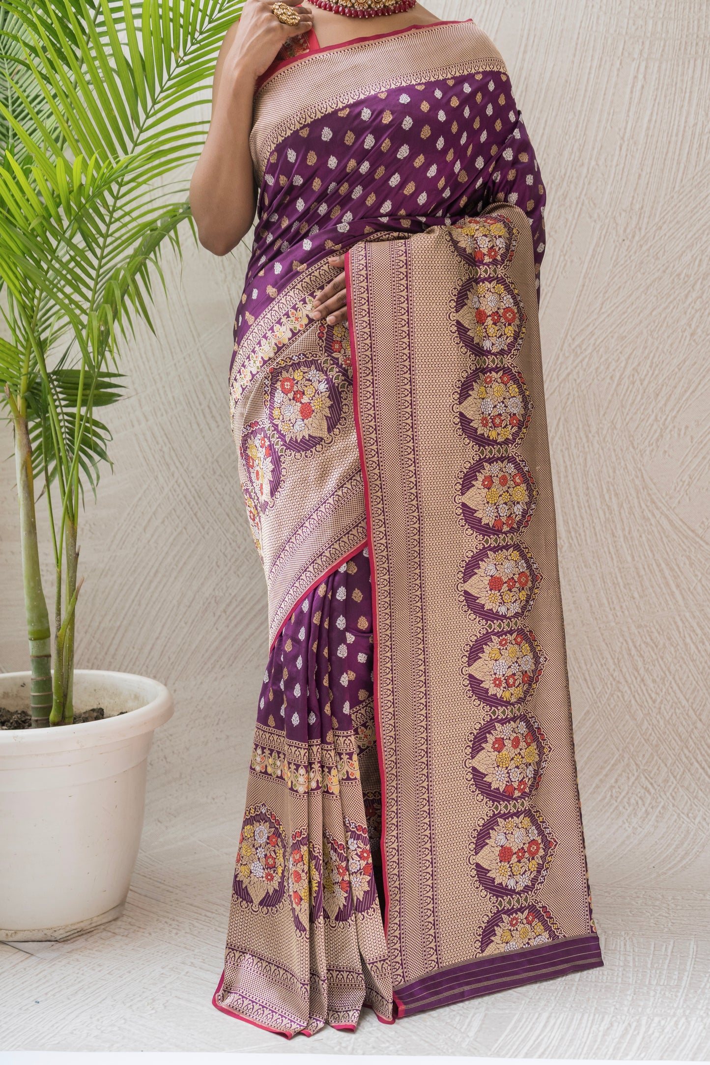 Purple Booti Silver Gold Saree