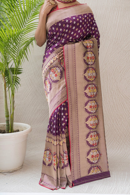 Purple Booti Silver Gold Saree