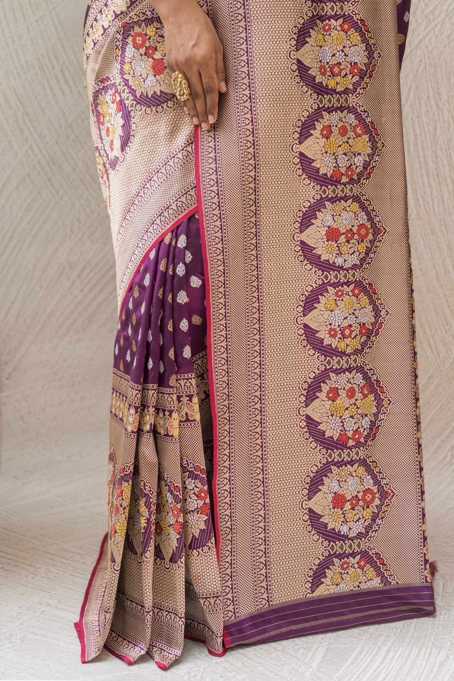 Purple Booti Silver Gold Saree