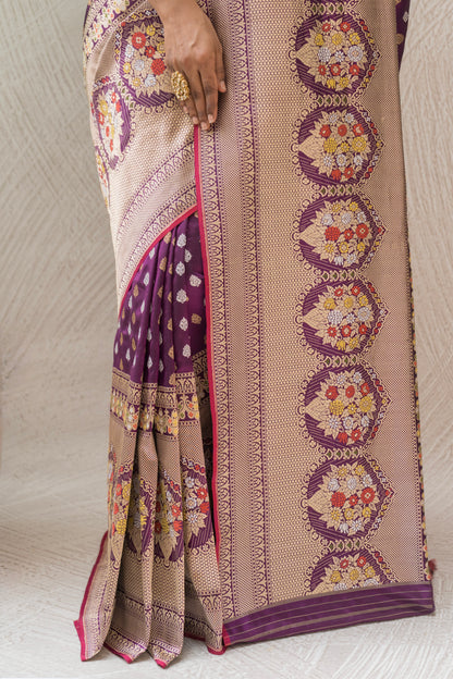 Purple Booti Silver Gold Saree
