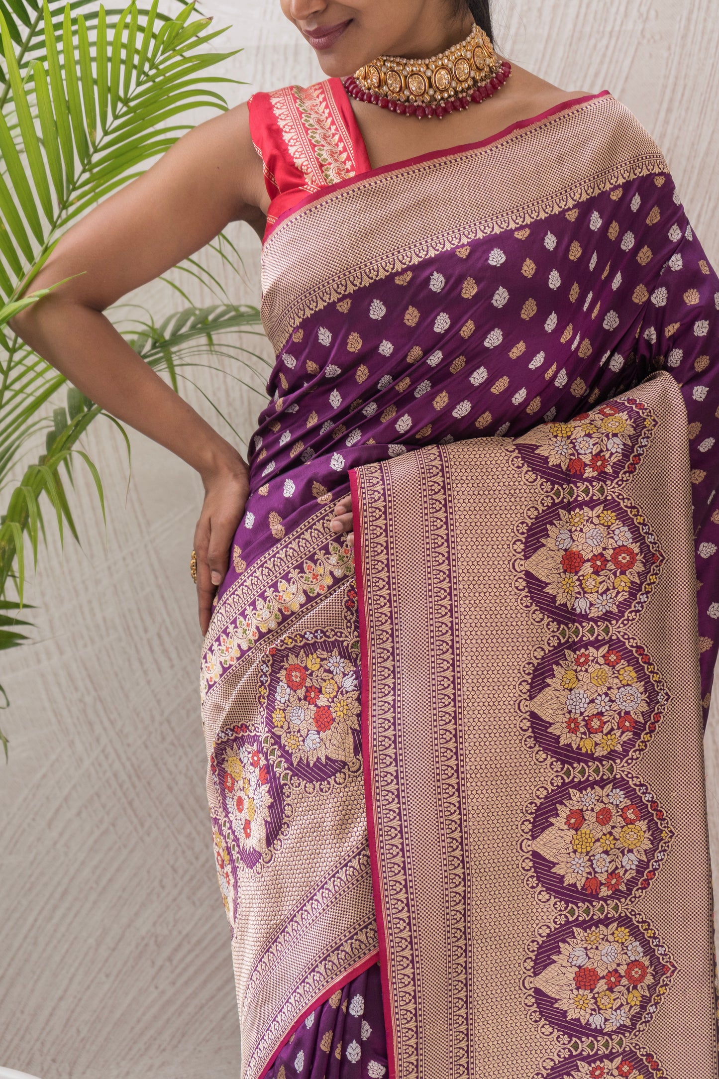 Purple Booti Silver Gold Saree