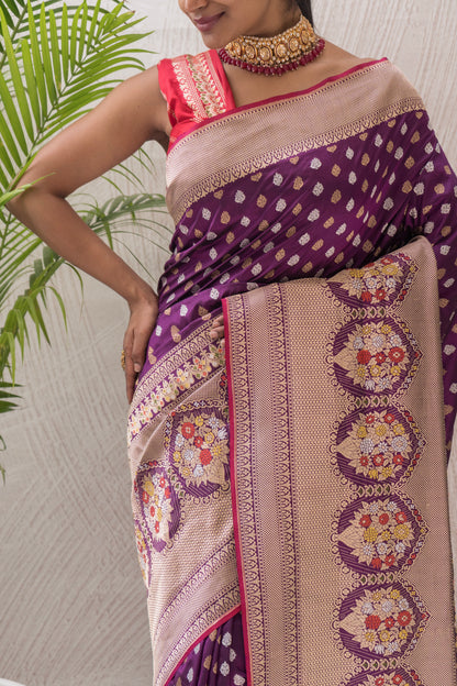 Purple Booti Silver Gold Saree
