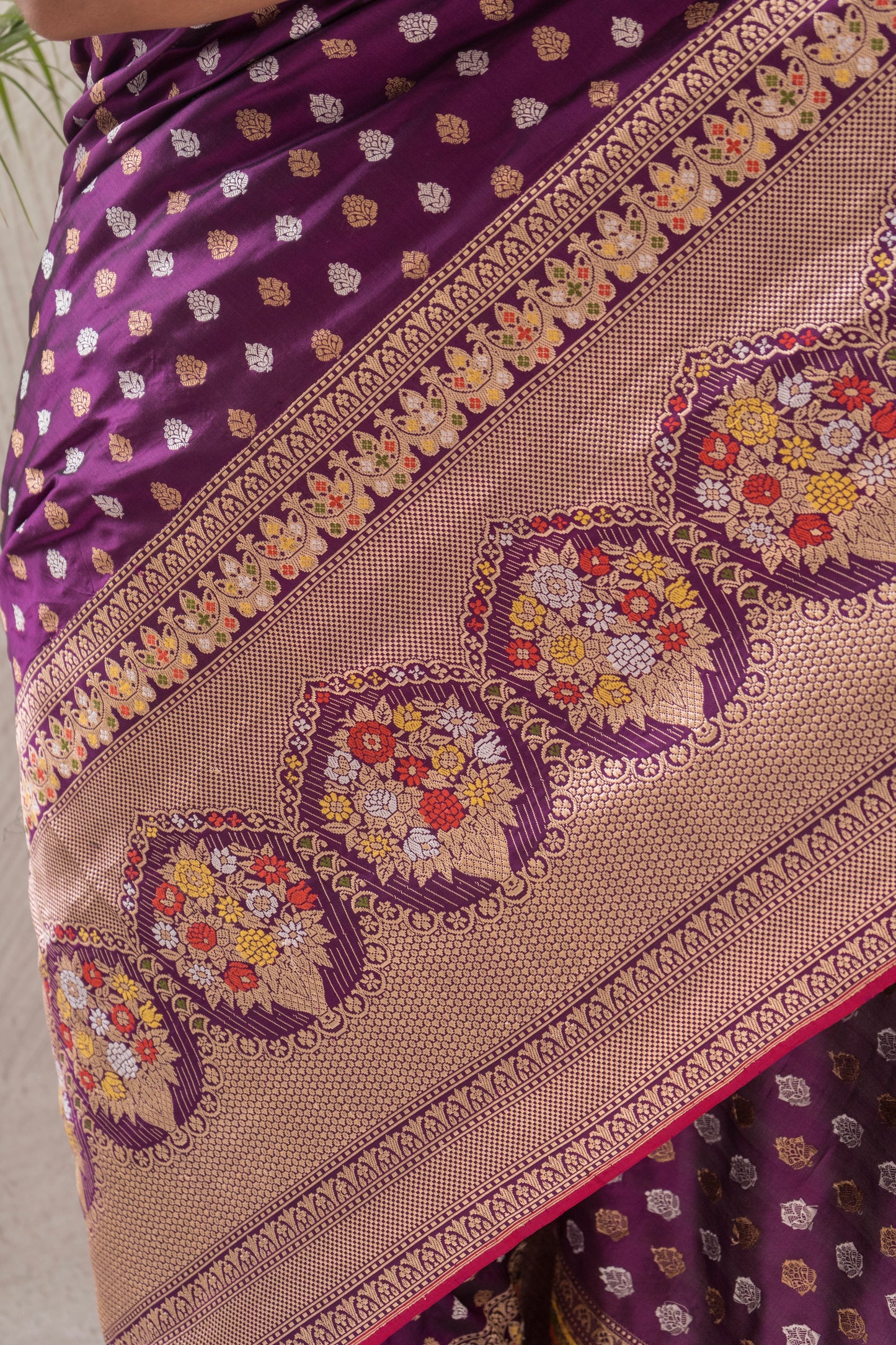Purple Booti Silver Gold Saree