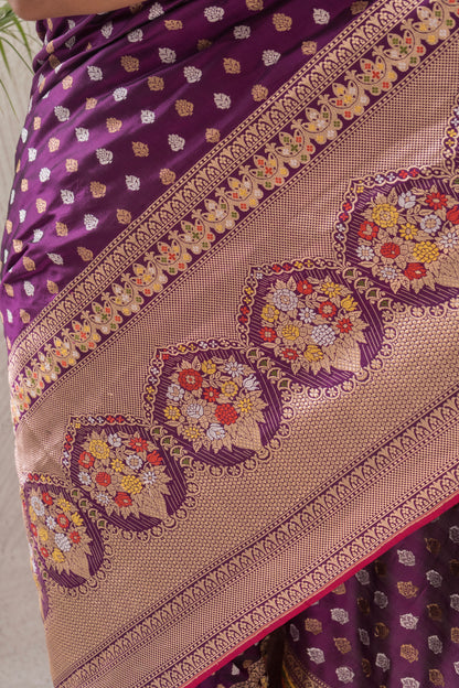 Purple Booti Silver Gold Saree