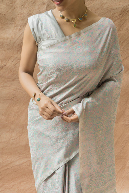 Luxury Steel Grey Banarasi saree showcasing Resham Tanchoi handwoven technique