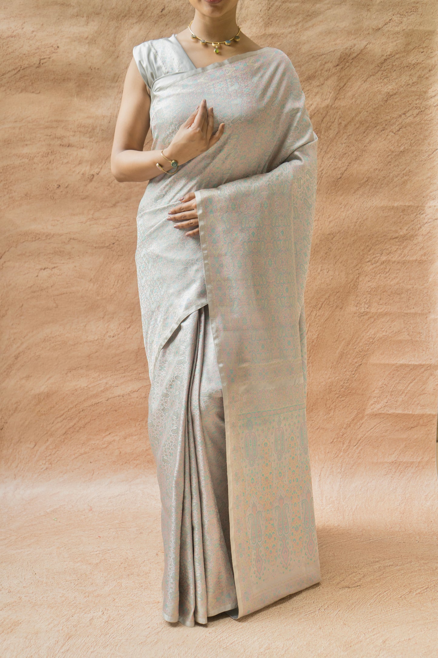 Authentic Banarasi silk saree in steel grey with Resham Tanchoi craftsmanship
