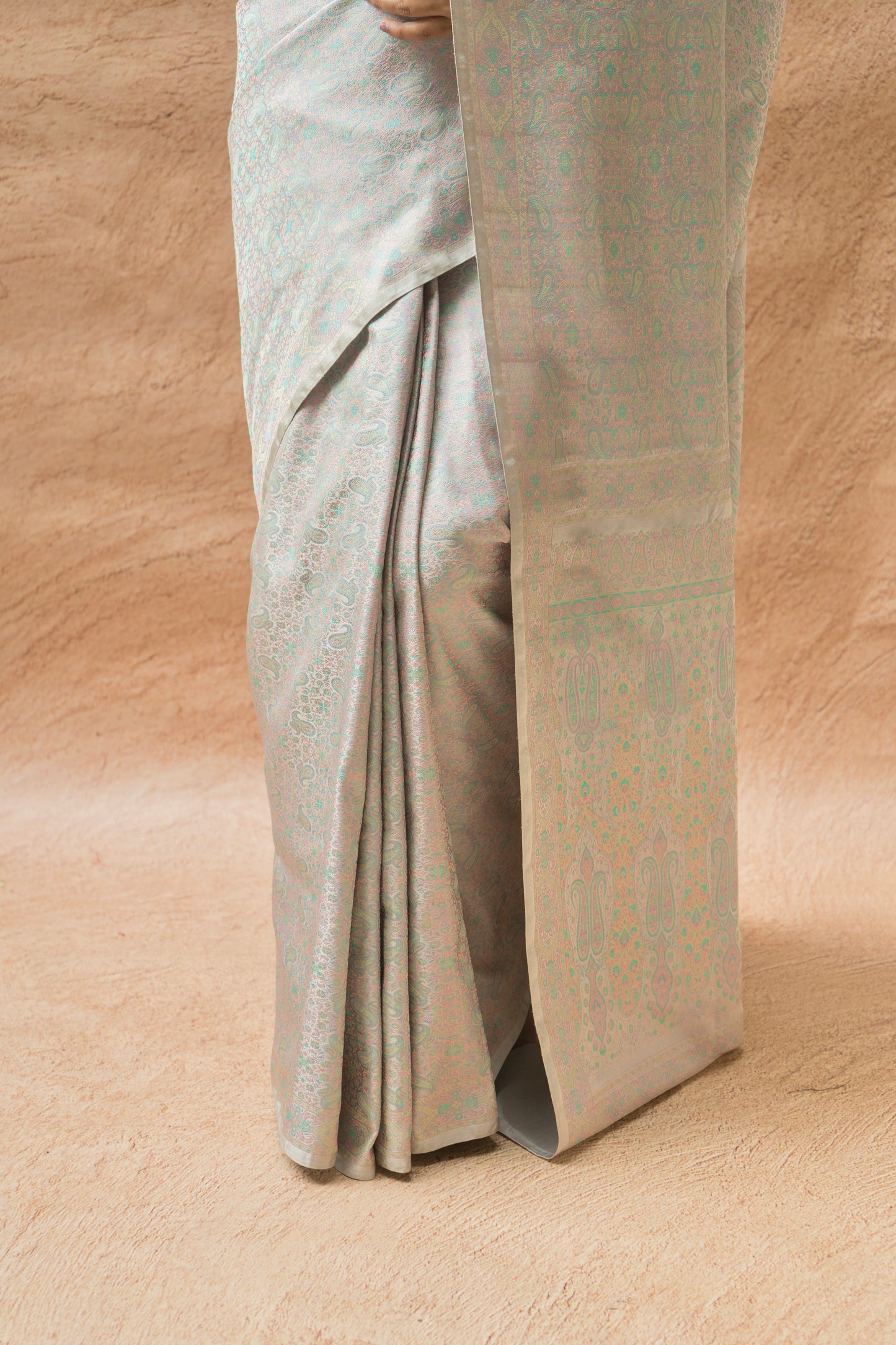 Traditional steel grey Banarasi silk saree with fine Resham Tanchoi geometric weave