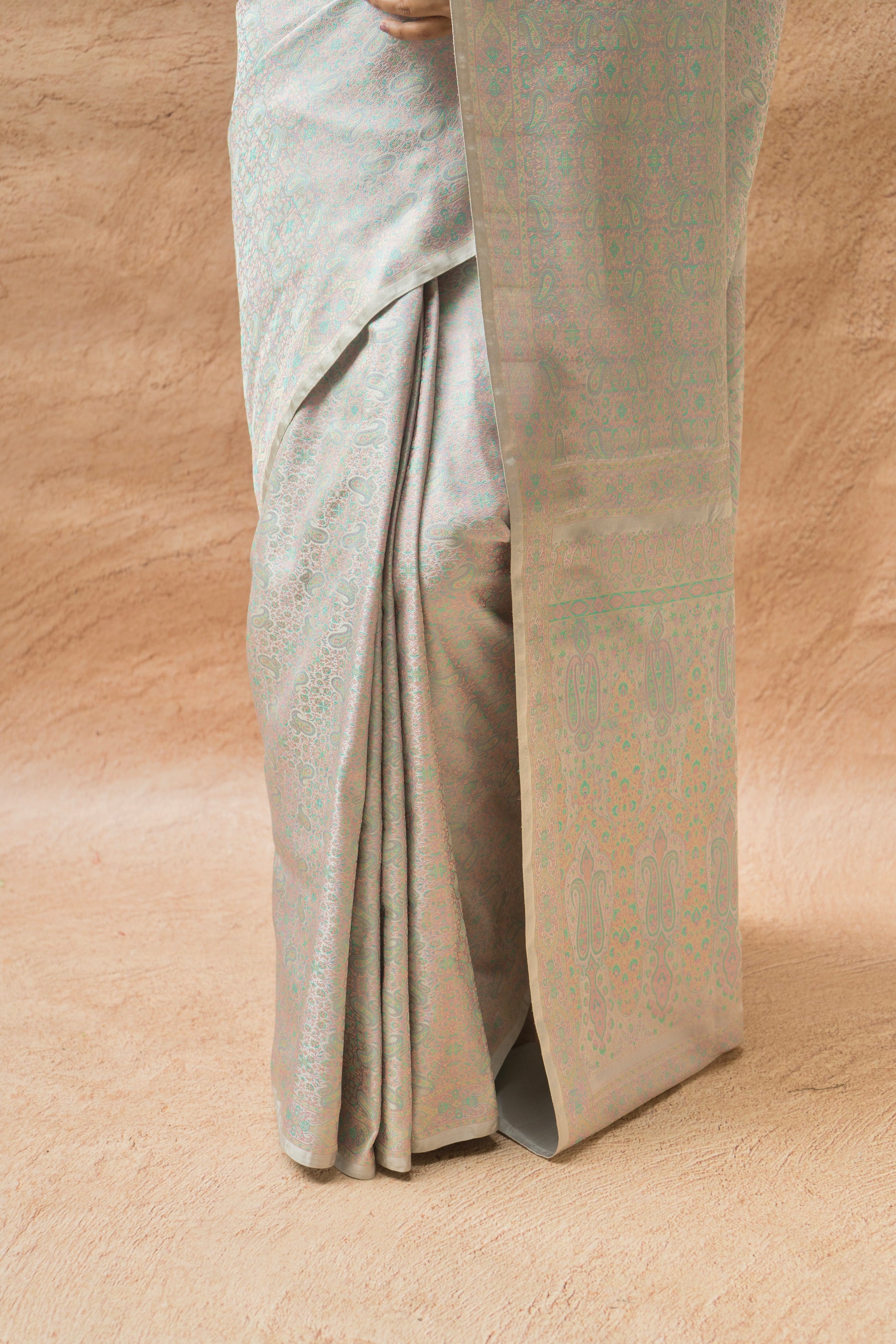 Traditional steel grey Banarasi silk saree with fine Resham Tanchoi geometric weave