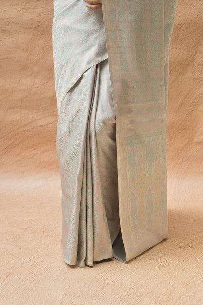 Traditional steel grey Banarasi silk saree with fine Resham Tanchoi geometric weave