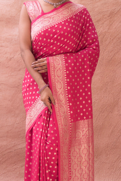 Red Handloom Moonga Silk Banarasi saree handwoven with traditional Banaras craftsmanship