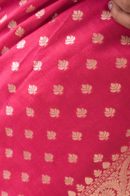 Authentic Handloom Moonga Silk saree in red with Banarasi heritage appeal