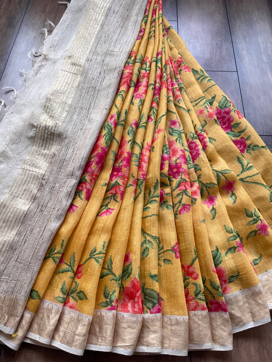 Floral Moonga Printed Yellow Saree