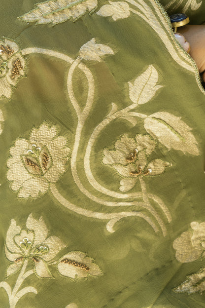 Mehendi Green Georgette Embroidered Saree