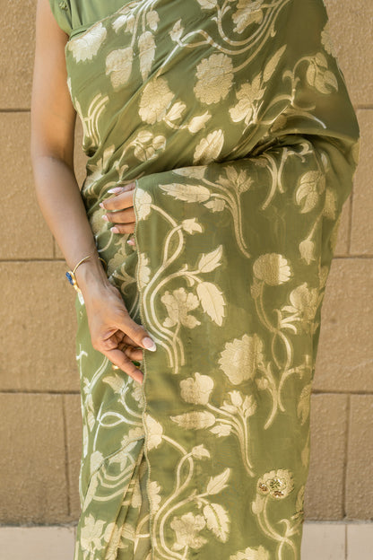 Mehendi Green Georgette Embroidered Saree
