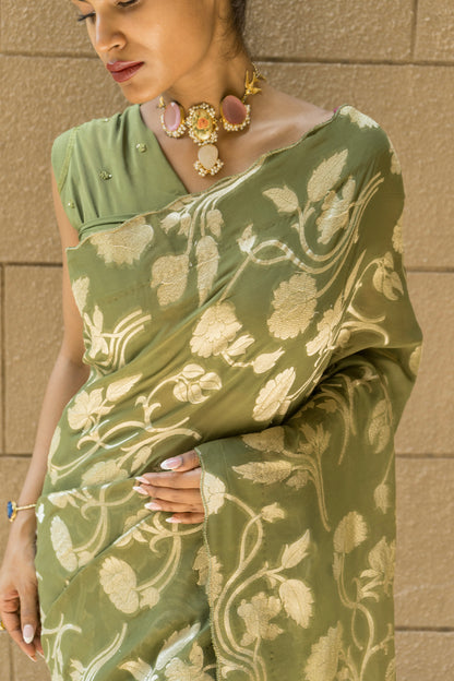 Mehendi Green Georgette Embroidered Saree