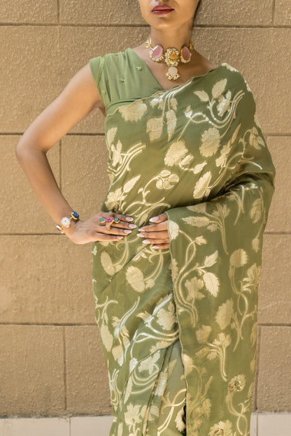 Mehendi Green Georgette Embroidered Saree
