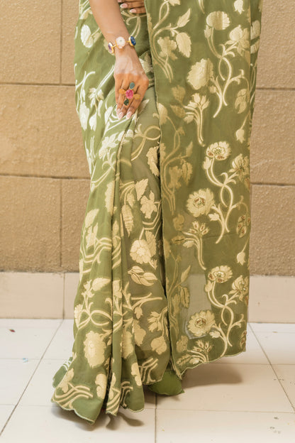 Mehendi Green Georgette Embroidered Saree