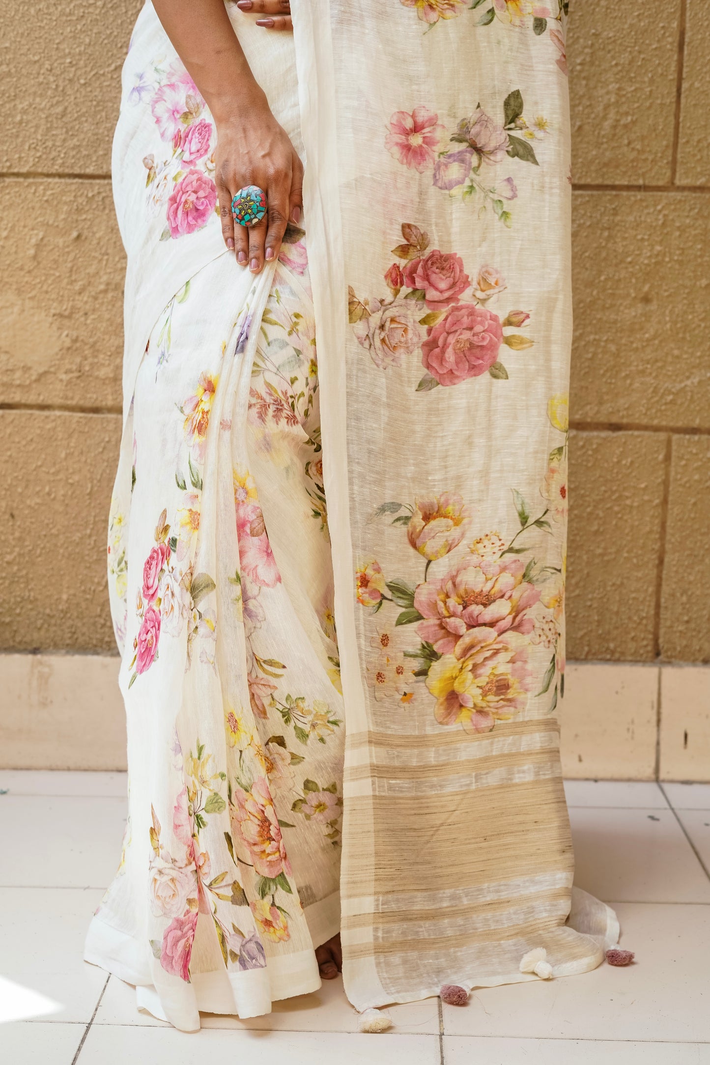 Linen Hand Printed White Saree