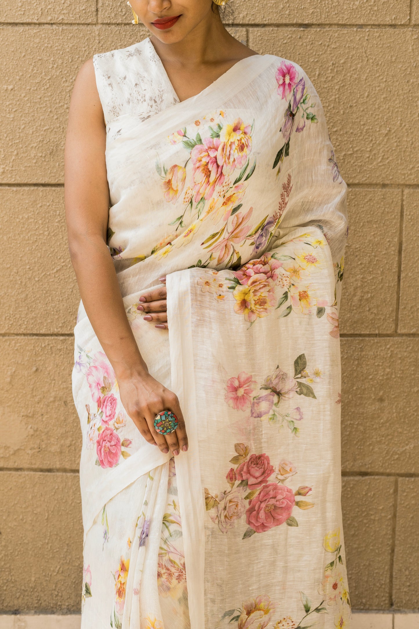 Linen Hand Printed White Saree