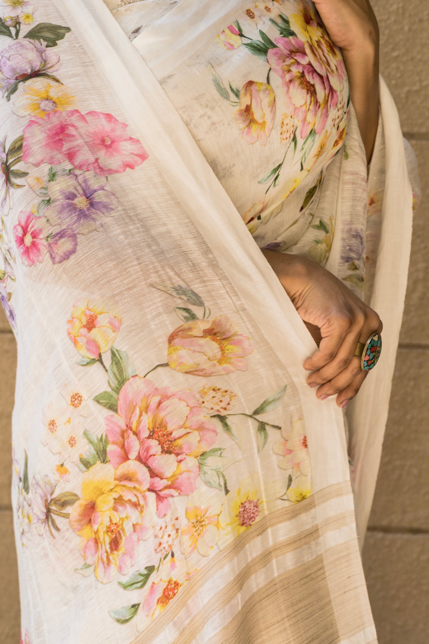 Linen Hand Printed White Saree