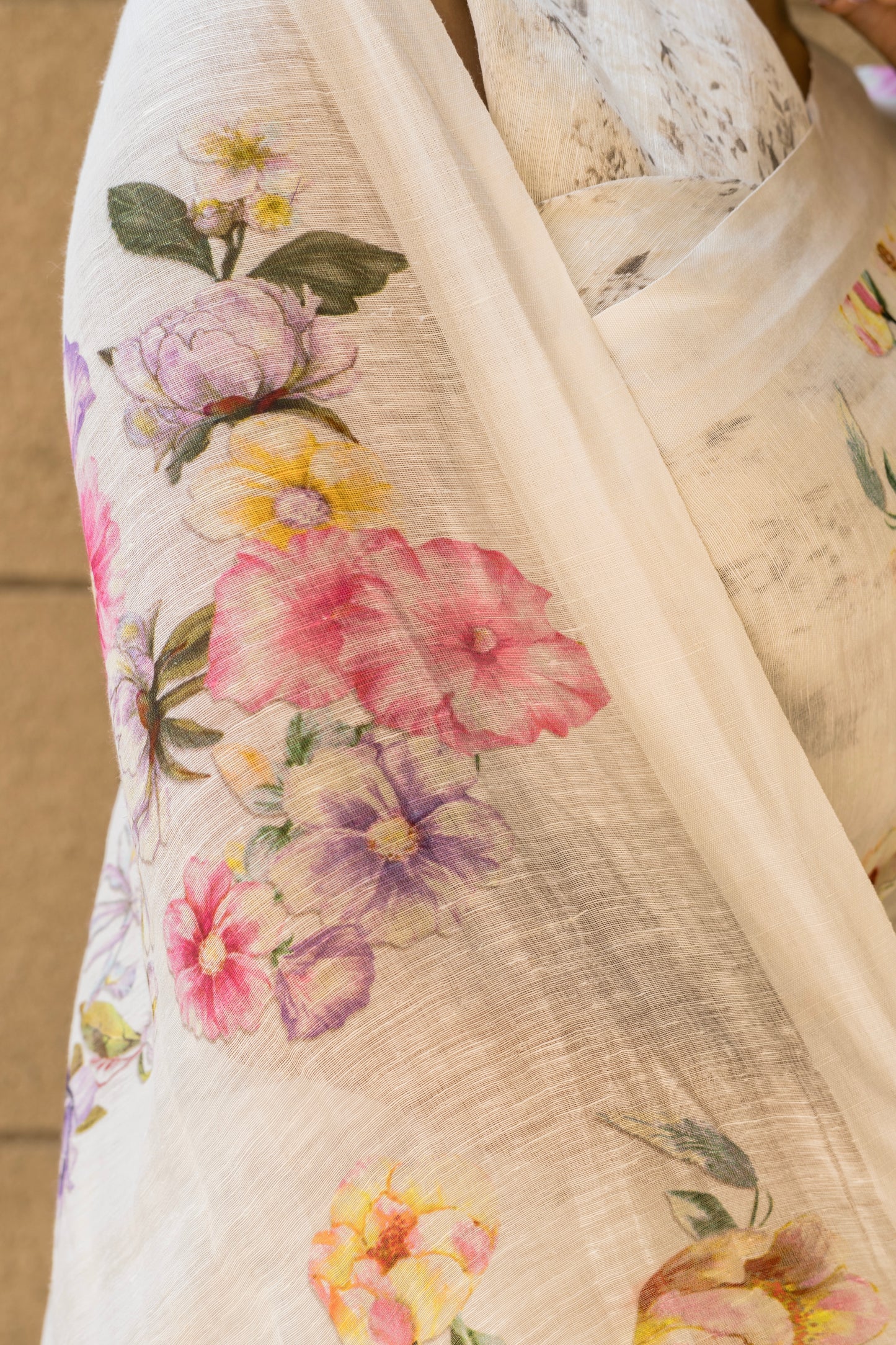 Linen Hand Printed White Saree