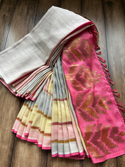 A woman wearing a multicolored Banarasi saree made of soft tusser silk featuring golden zari stripes, a pink palla, and a yellow blouse