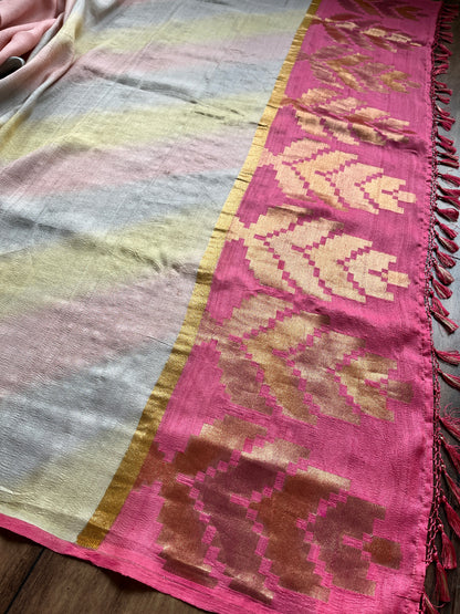 Elegant Banarasi saree with golden zari stripes and contrast yellow blouse