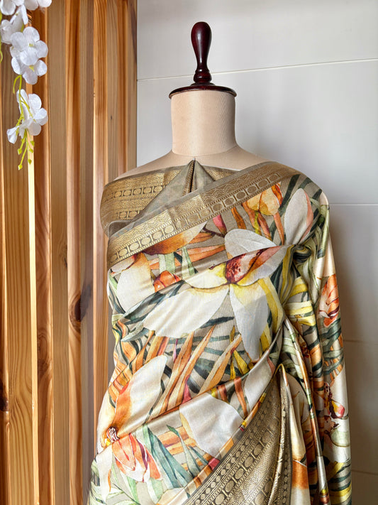 Floral Printed Staple Silk Saree