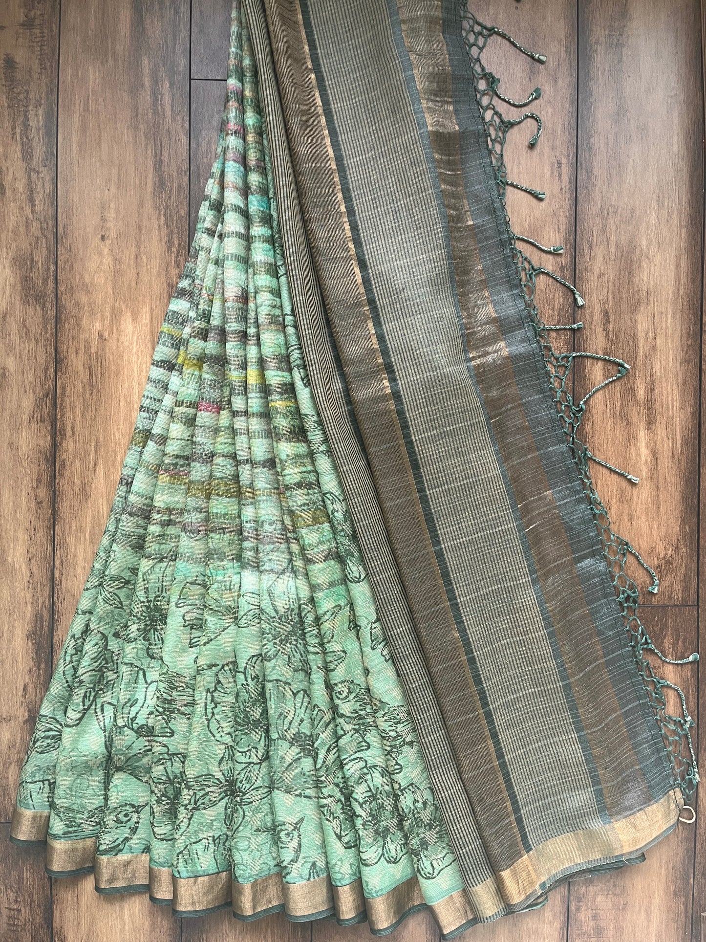 Tusser Forest Green Saree