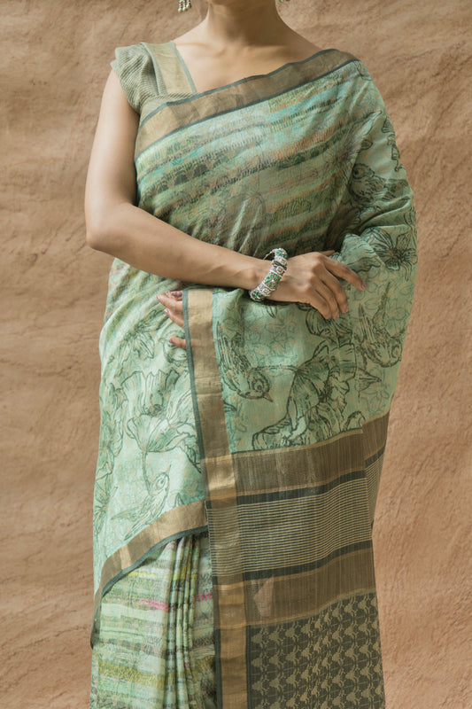 Tussar Forest Green Saree