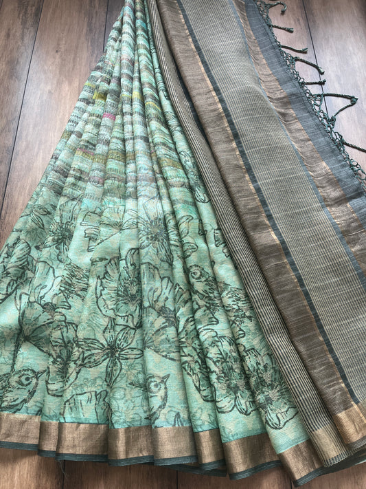 Tusser Forest Green Saree