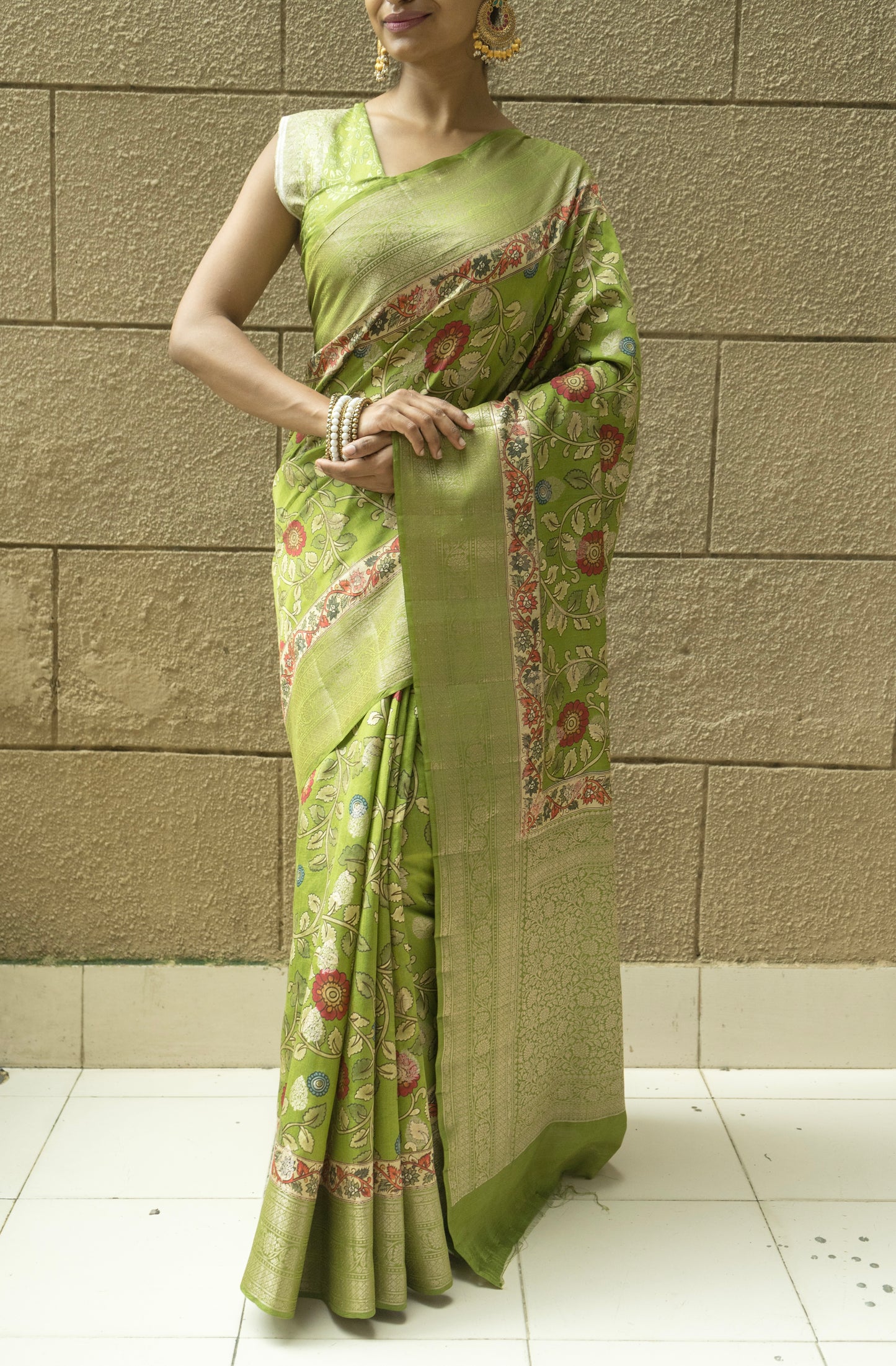 Chiniya Print Weaving Green Saree