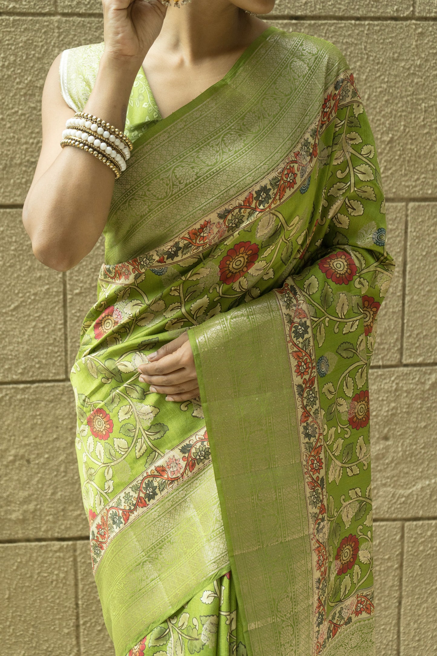 Chiniya Print Weaving Green Saree