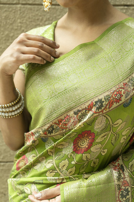 Chiniya Print Weaving Green Saree