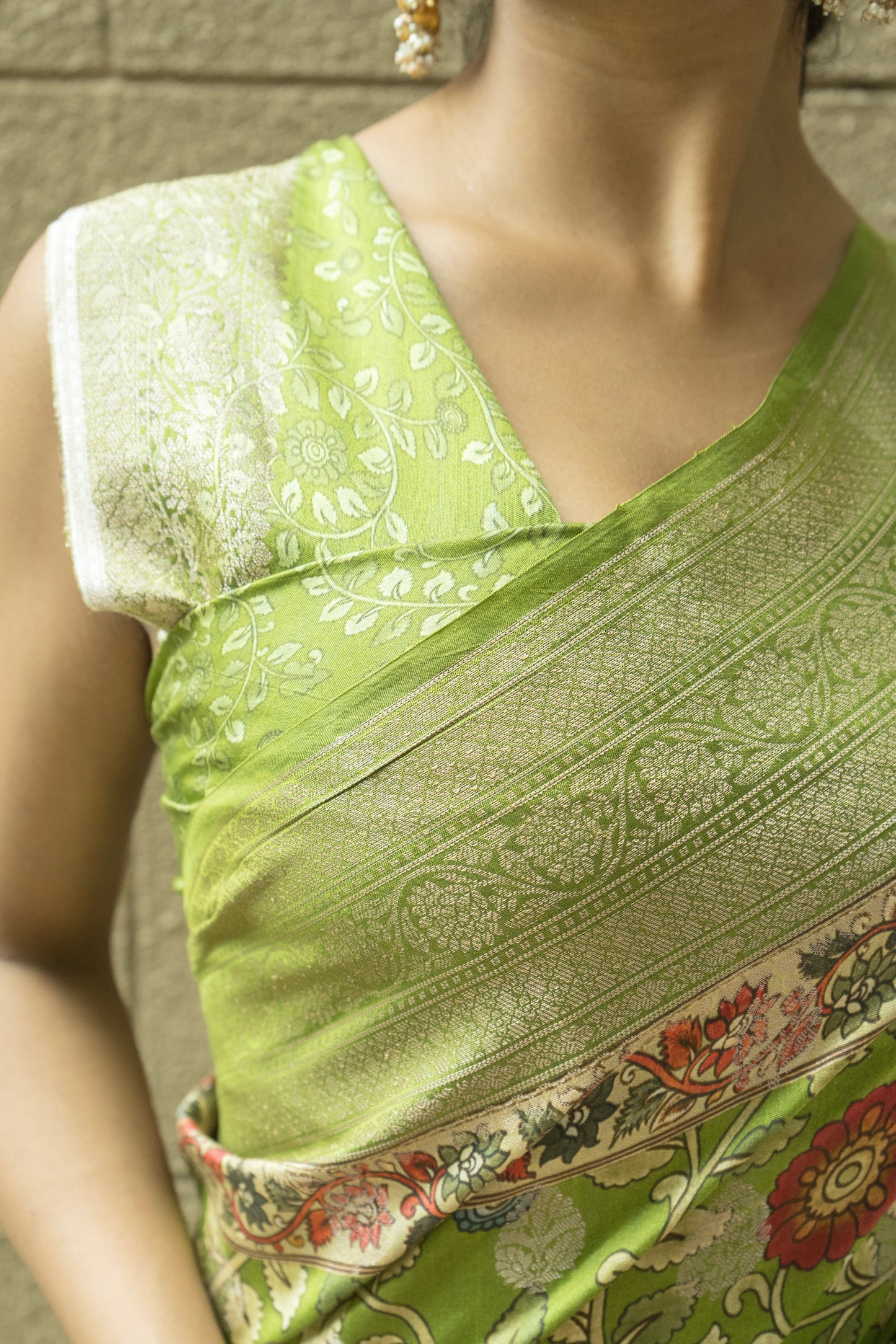 Chiniya Print Weaving Green Saree