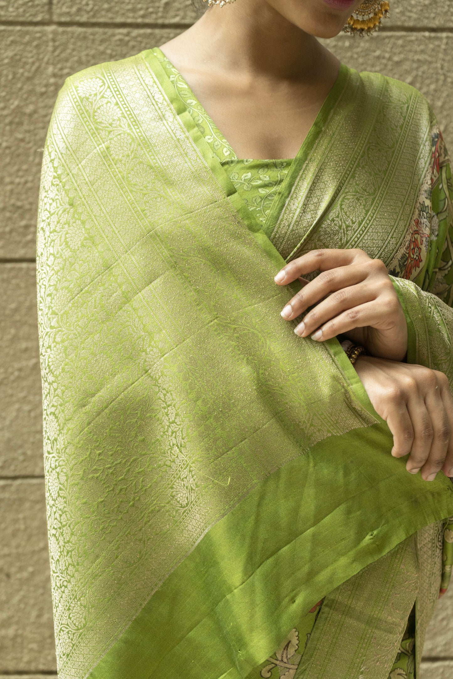 Chiniya Print Weaving Green Saree