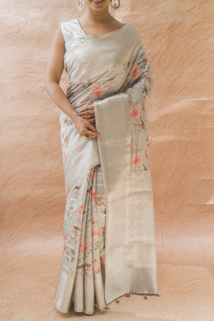 Chiniya Print Weaving Grey Saree