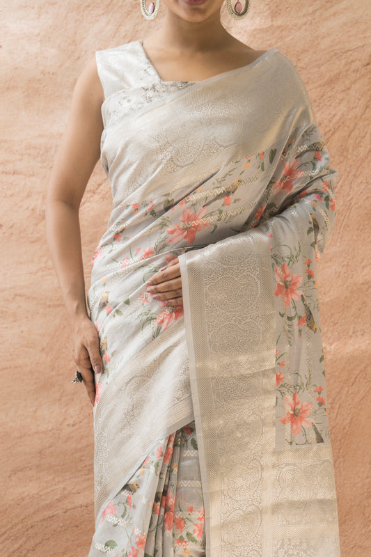 Chiniya Print Weaving Grey Saree