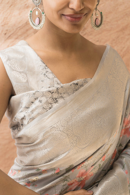 Chiniya Print Weaving Grey Saree